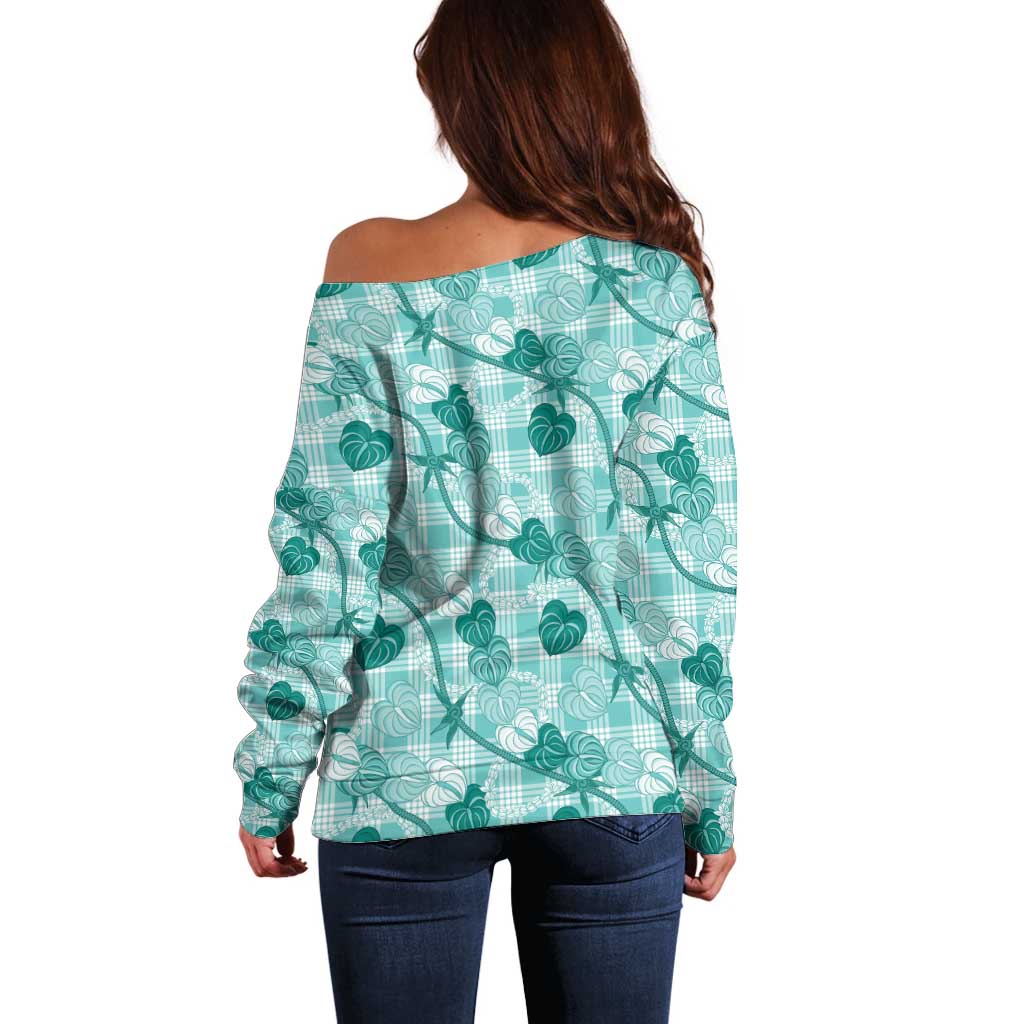 Anthurium Pikake Ti Leaf Palaka Off Shoulder Sweater Turquoise Version LT01 - Polynesian Pride