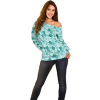 Anthurium Pikake Ti Leaf Palaka Off Shoulder Sweater Turquoise Version LT01 - Polynesian Pride