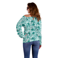Anthurium Pikake Ti Leaf Palaka Off Shoulder Sweater Turquoise Version LT01 - Polynesian Pride