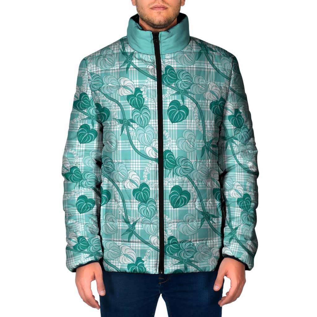 Anthurium Pikake Ti Leaf Palaka Padded Jacket Turquoise Version LT01 Men Turquoise - Polynesian Pride