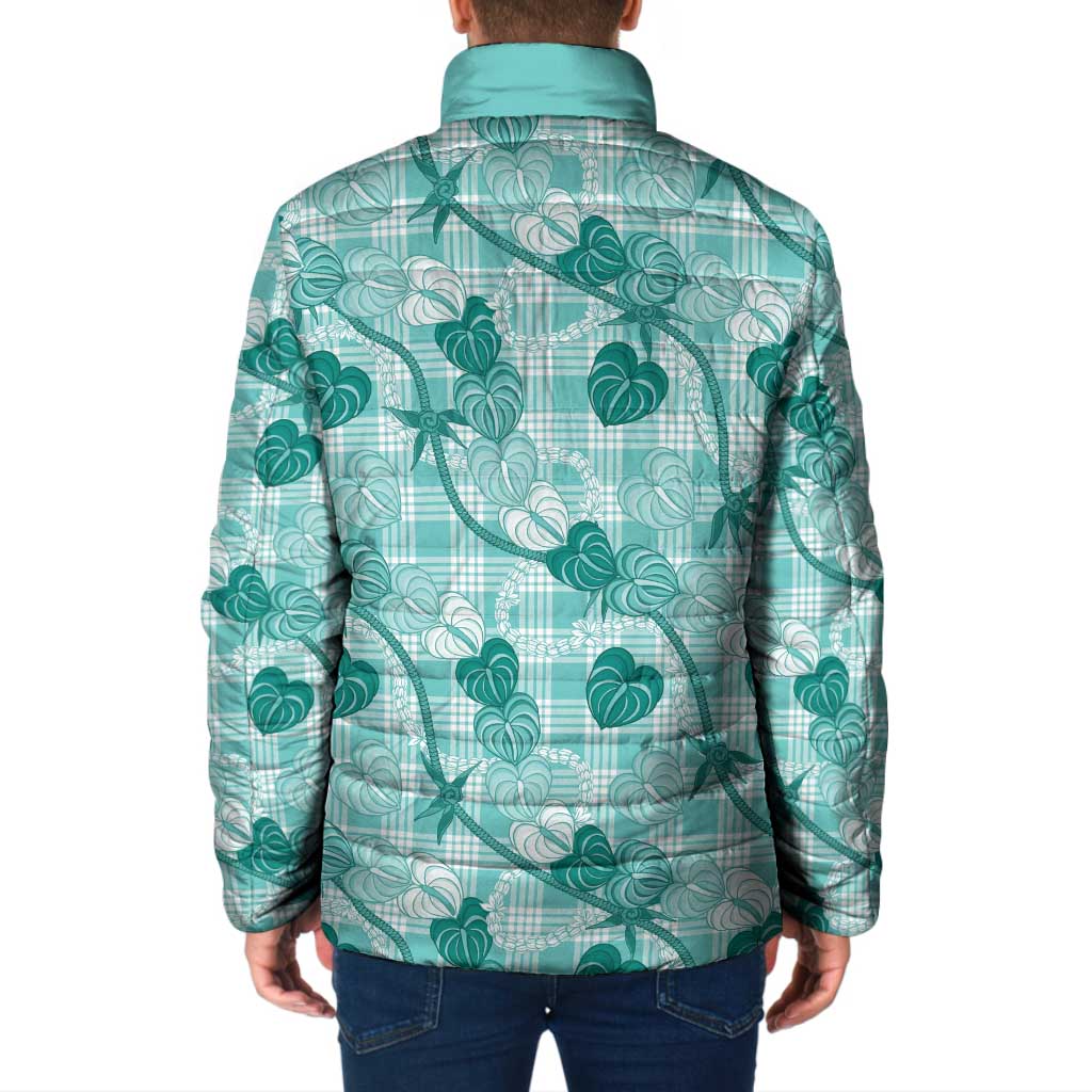 Anthurium Pikake Ti Leaf Palaka Padded Jacket Turquoise Version LT01 - Polynesian Pride