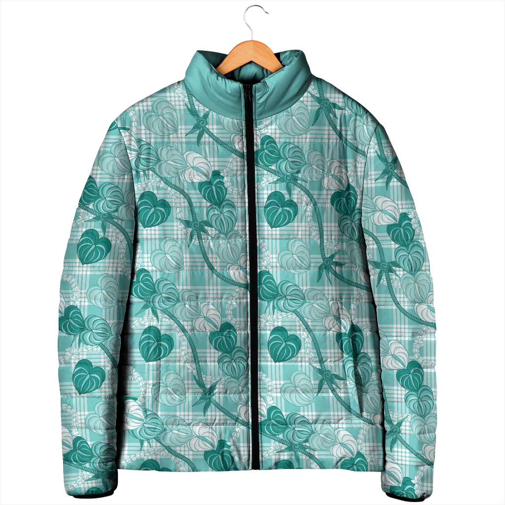 Anthurium Pikake Ti Leaf Palaka Padded Jacket Turquoise Version LT01 - Polynesian Pride