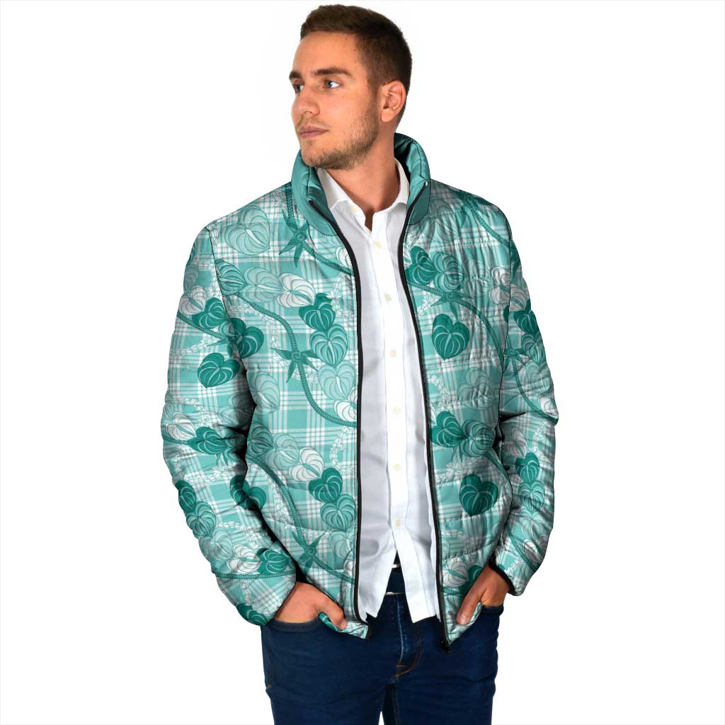 Anthurium Pikake Ti Leaf Palaka Padded Jacket Turquoise Version LT01 - Polynesian Pride