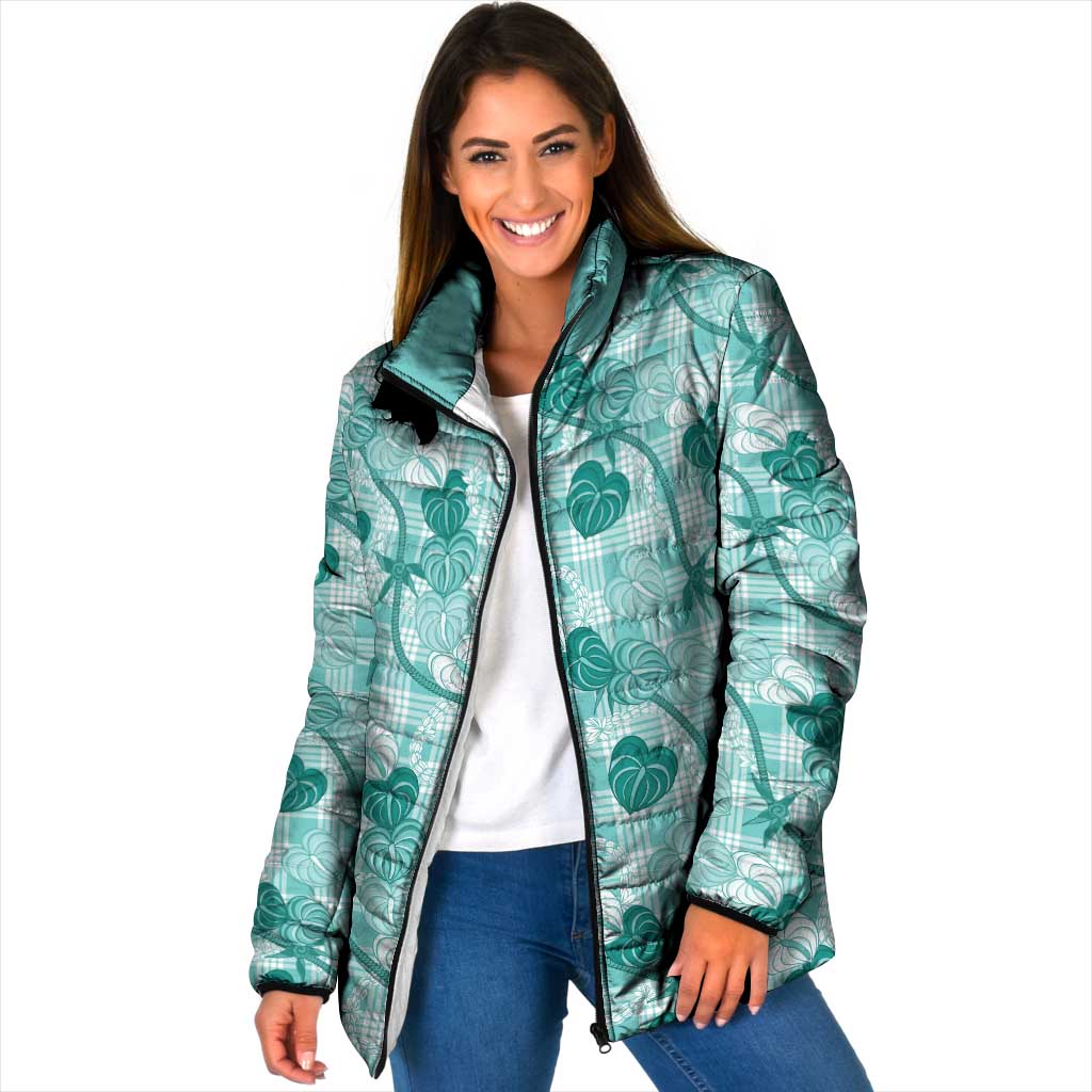 Anthurium Pikake Ti Leaf Palaka Padded Jacket Turquoise Version LT01 Women Turquoise - Polynesian Pride