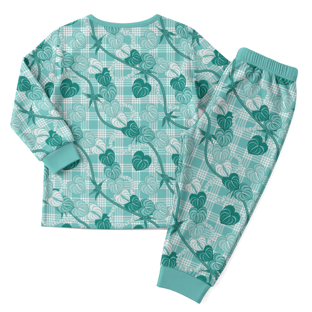 Anthurium Pikake Ti Leaf Palaka Christmas Pajama Set Turquoise Version LT01 - Polynesian Pride