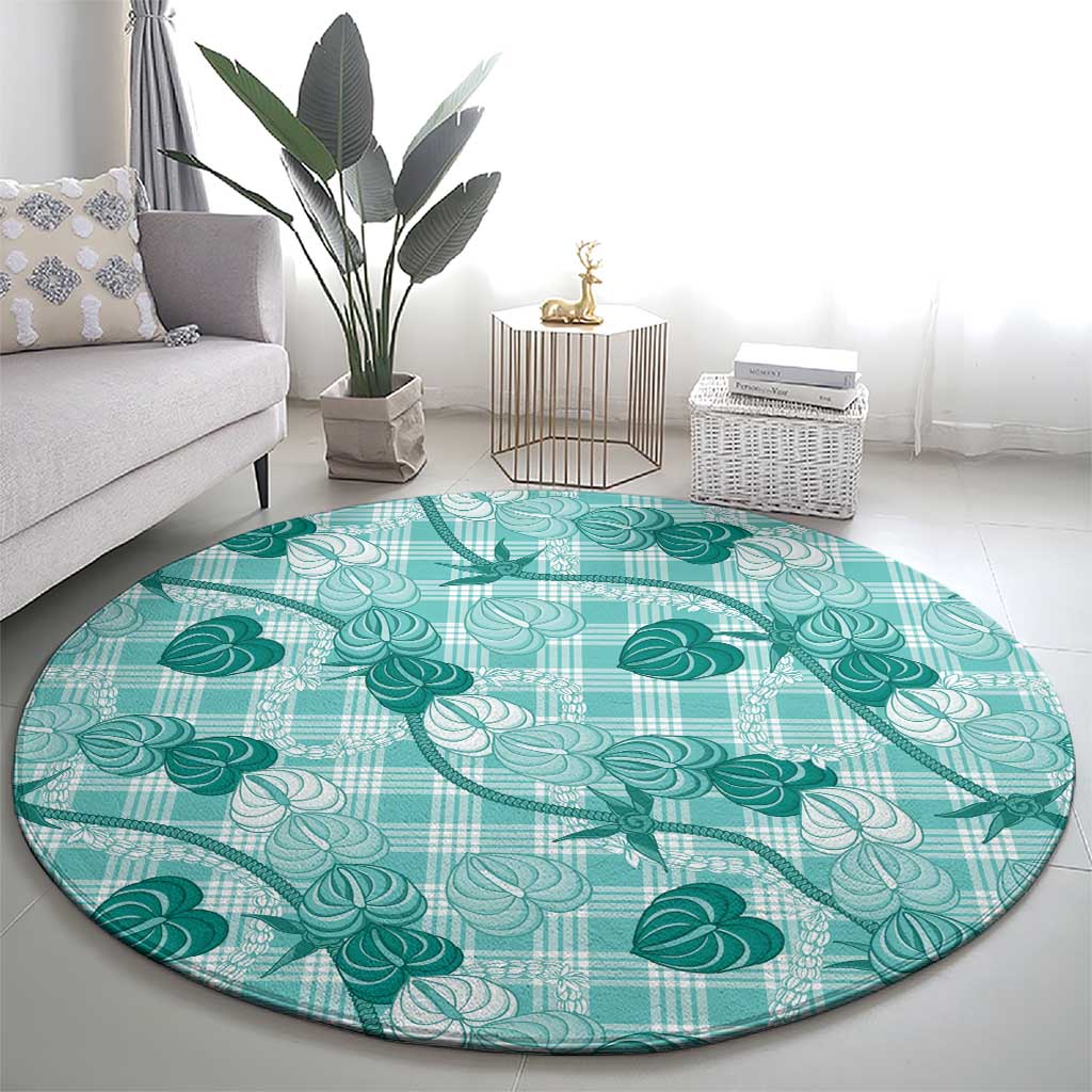 Anthurium Pikake Ti Leaf Palaka Round Carpet Turquoise Version LT01 - Polynesian Pride