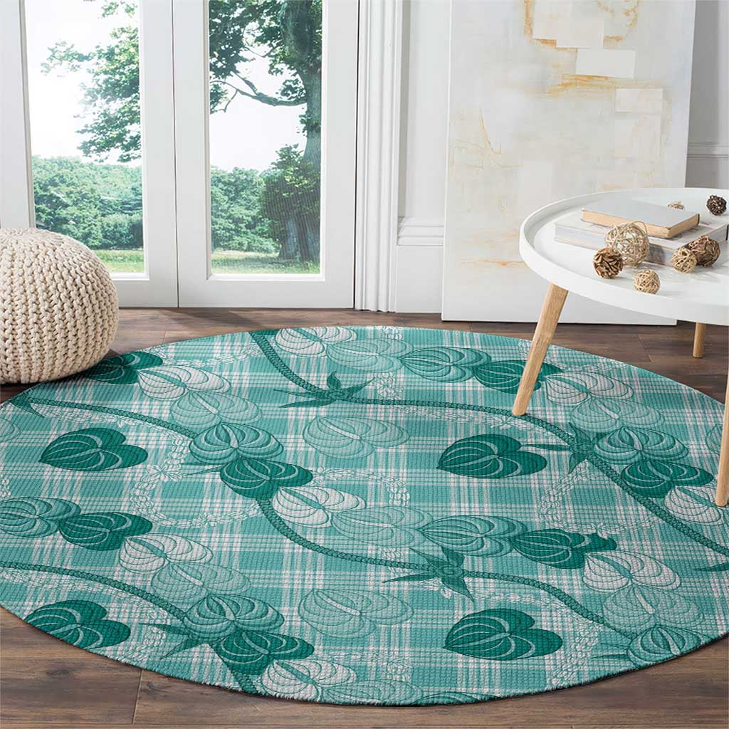 Anthurium Pikake Ti Leaf Palaka Round Carpet Turquoise Version LT01 - Polynesian Pride