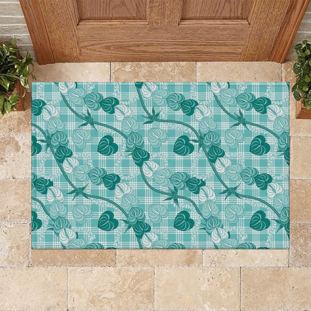 Anthurium Pikake Ti Leaf Palaka Rubber Doormat Turquoise Version LT01 Turquoise - Polynesian Pride
