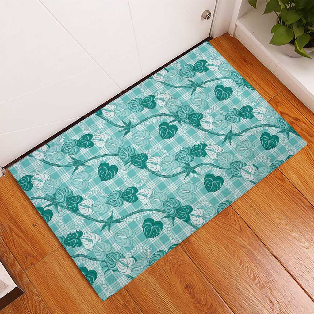 Anthurium Pikake Ti Leaf Palaka Rubber Doormat Turquoise Version LT01 - Polynesian Pride