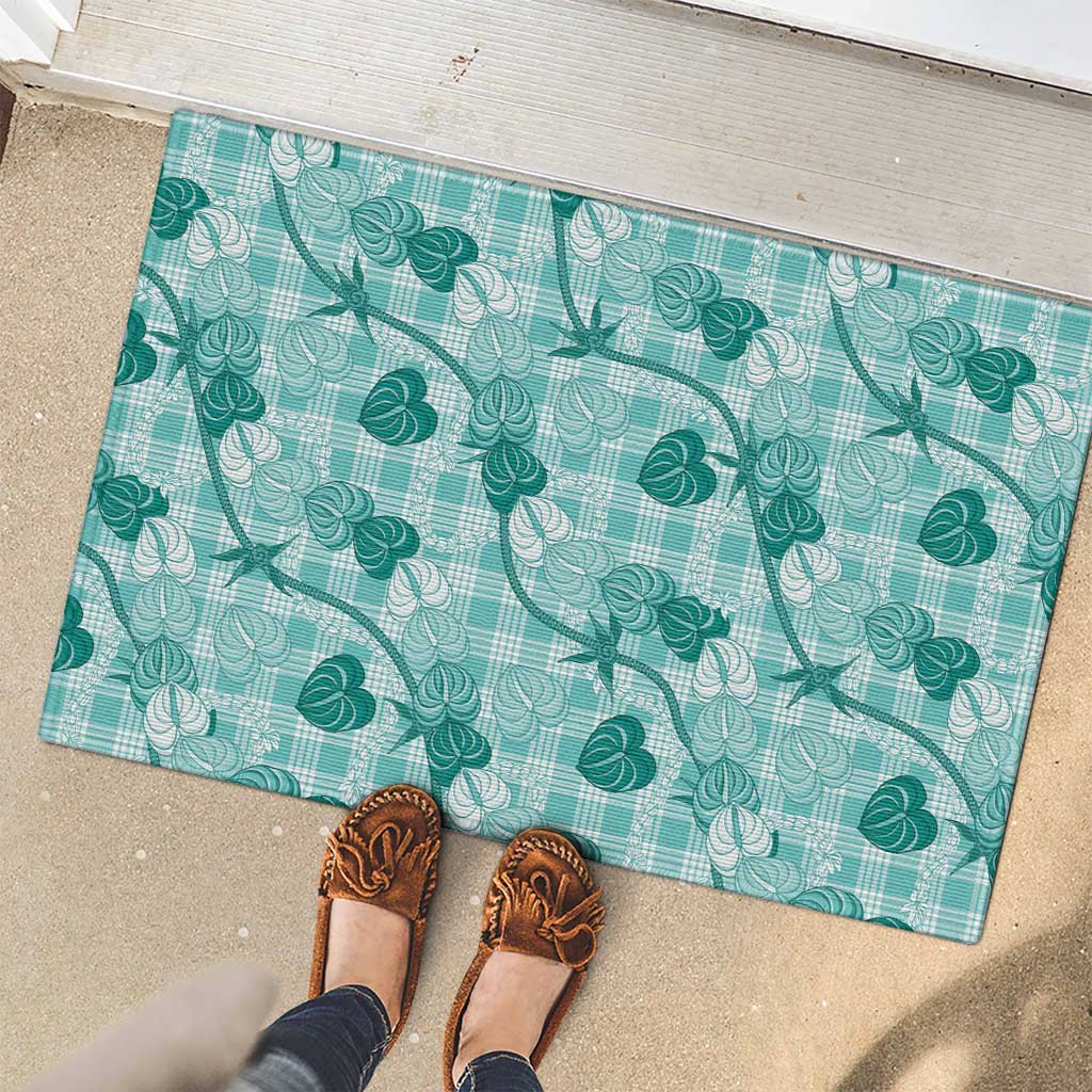 Anthurium Pikake Ti Leaf Palaka Rubber Doormat Turquoise Version LT01 - Polynesian Pride