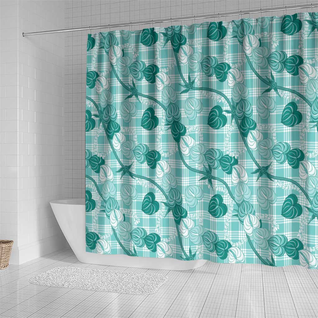 Anthurium Pikake Ti Leaf Palaka Shower Curtain Turquoise Version LT01 - Polynesian Pride