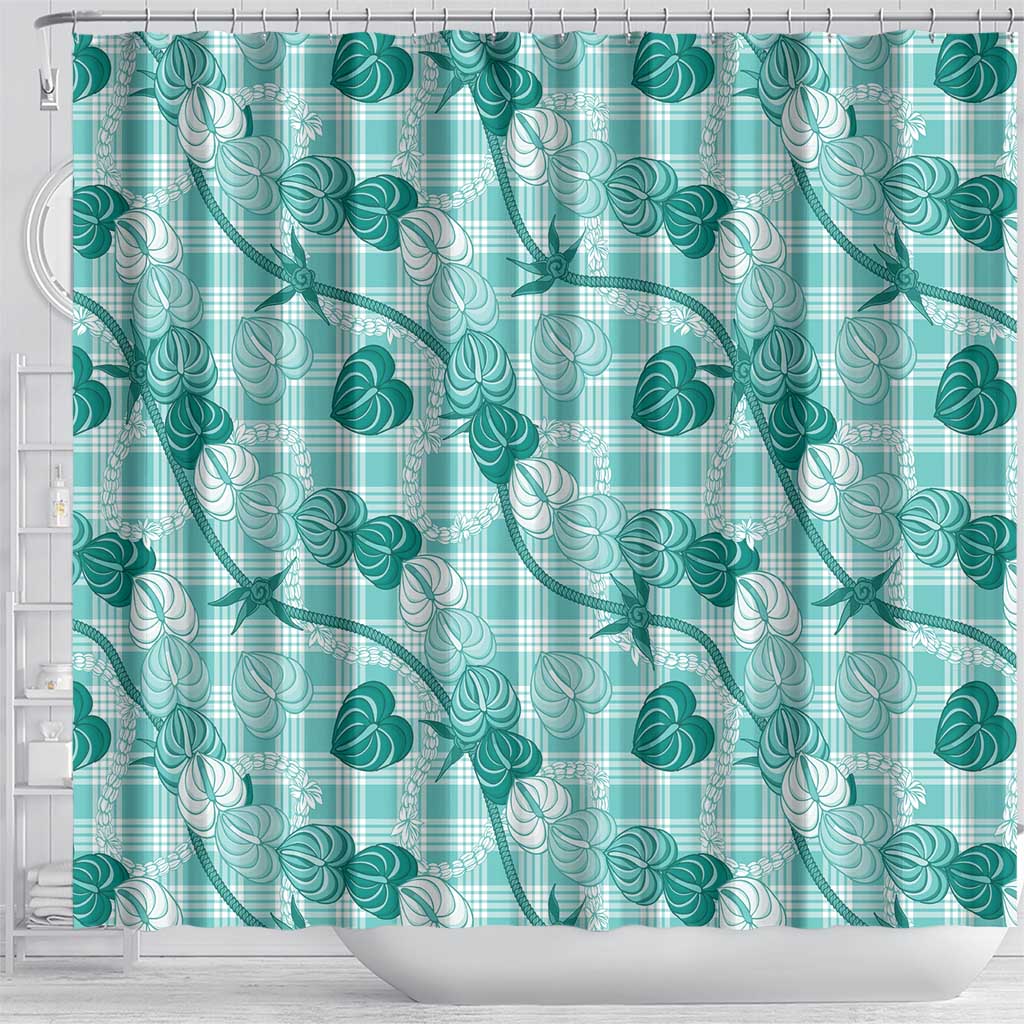 Anthurium Pikake Ti Leaf Palaka Shower Curtain Turquoise Version LT01 - Polynesian Pride
