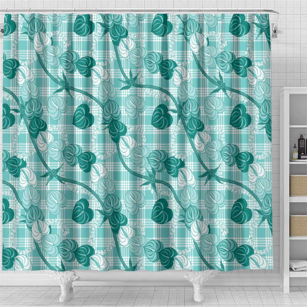 Anthurium Pikake Ti Leaf Palaka Shower Curtain Turquoise Version LT01 - Polynesian Pride