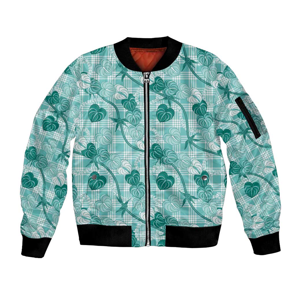 Anthurium Pikake Ti Leaf Palaka Sleeve Zip Bomber Jacket Turquoise Version LT01 Unisex Turquoise - Polynesian Pride