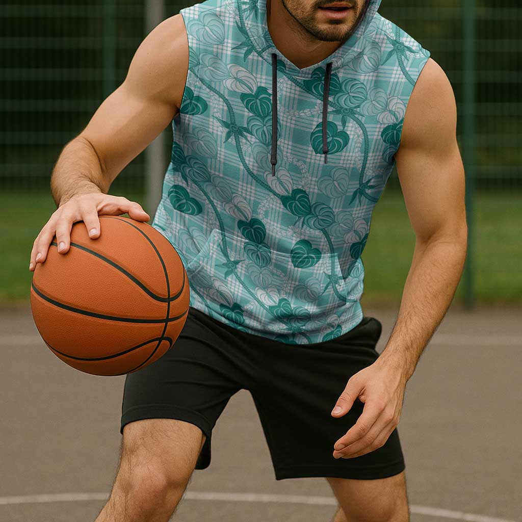 Anthurium Pikake Ti Leaf Palaka Sleeveless Hoodie Turquoise Version LT01 - Polynesian Pride