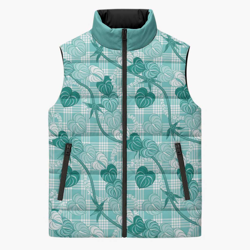 Anthurium Pikake Ti Leaf Palaka Sleeveless Puffer Jacket Turquoise Version LT01 Unisex Turquoise - Polynesian Pride