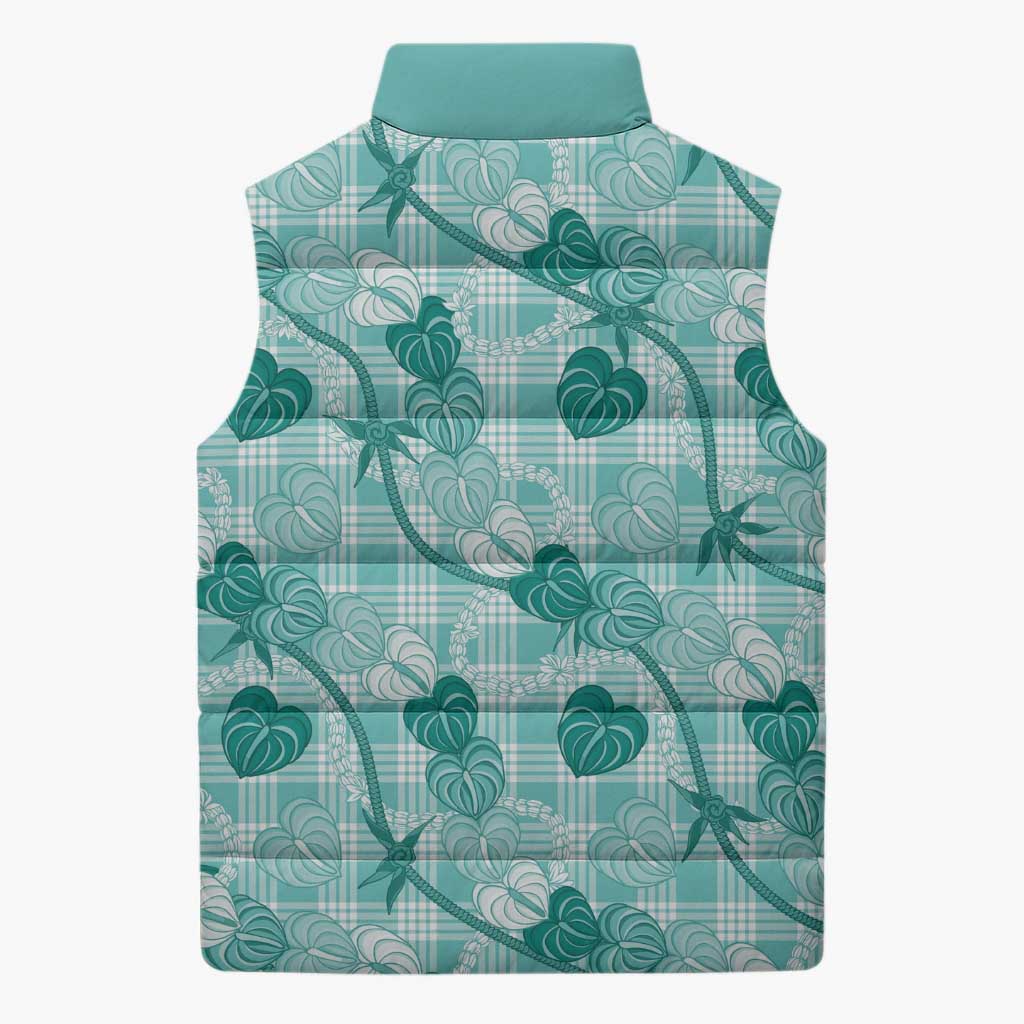 Anthurium Pikake Ti Leaf Palaka Sleeveless Puffer Jacket Turquoise Version LT01 - Polynesian Pride