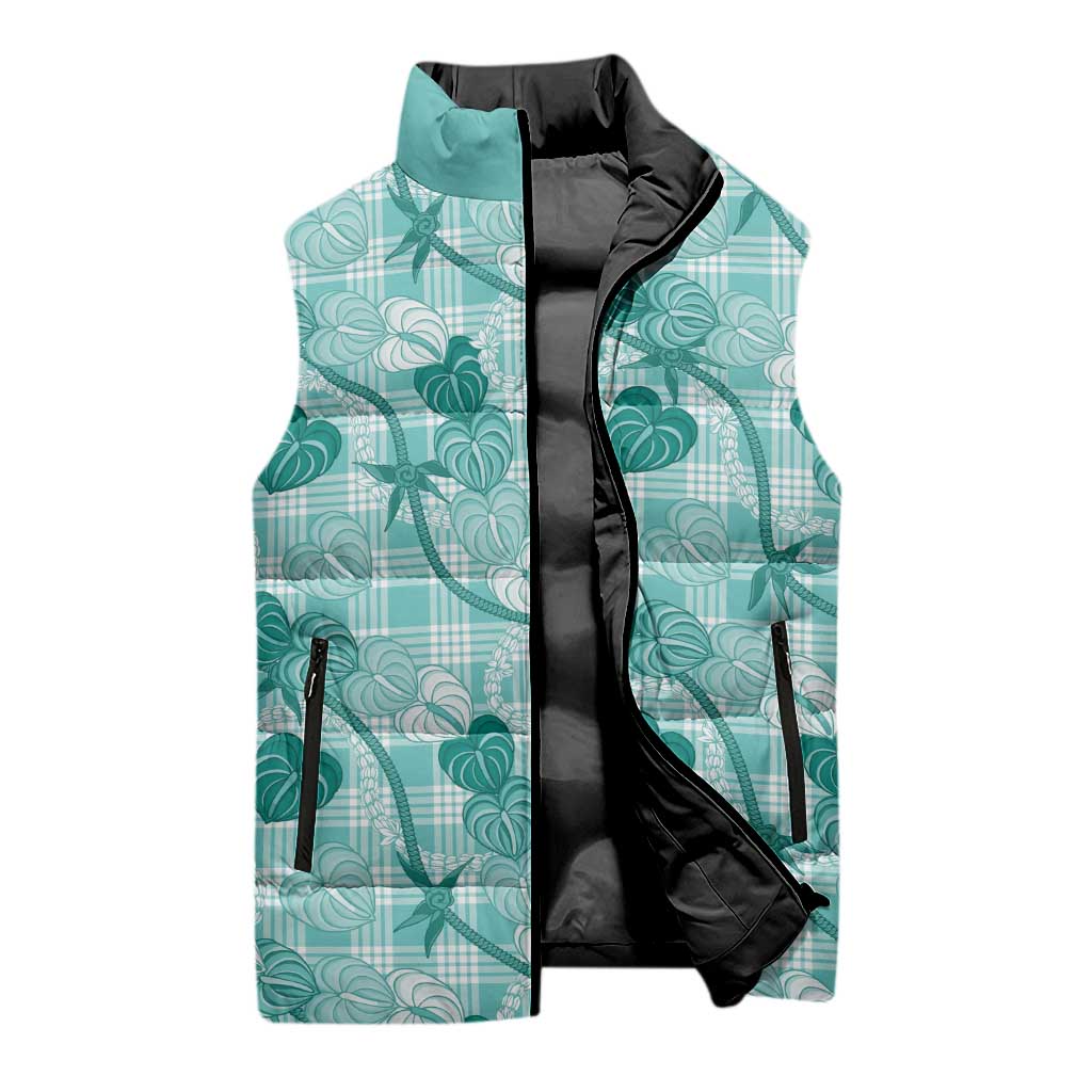 Anthurium Pikake Ti Leaf Palaka Sleeveless Puffer Jacket Turquoise Version LT01 - Polynesian Pride