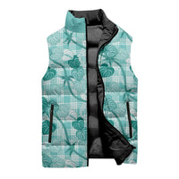 Anthurium Pikake Ti Leaf Palaka Sleeveless Puffer Jacket Turquoise Version LT01 - Polynesian Pride