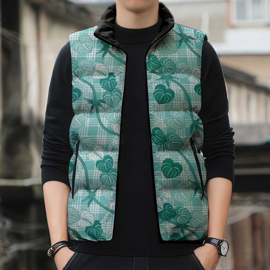 Anthurium Pikake Ti Leaf Palaka Sleeveless Puffer Jacket Turquoise Version LT01 - Polynesian Pride