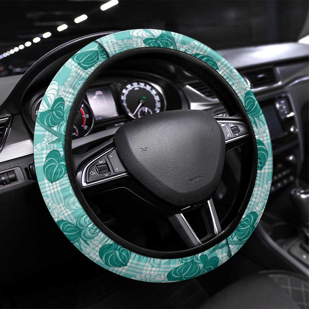 Anthurium Pikake Ti Leaf Palaka Steering Wheel Cover Turquoise Version LT01 Universal Fit Turquoise - Polynesian Pride