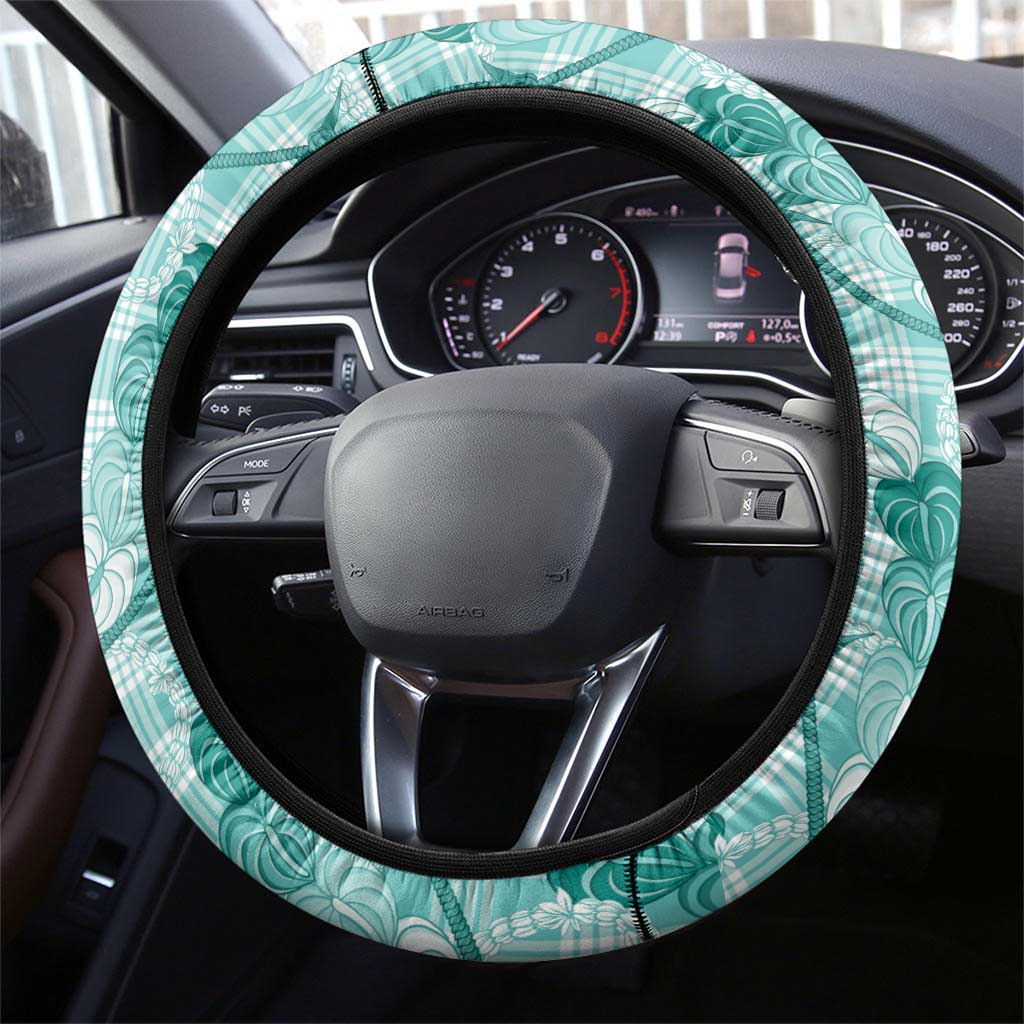 Anthurium Pikake Ti Leaf Palaka Steering Wheel Cover Turquoise Version LT01 - Polynesian Pride