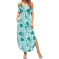 Anthurium Pikake Ti Leaf Palaka Summer Maxi Dress Turquoise Version LT01 Women Turquoise - Polynesian Pride