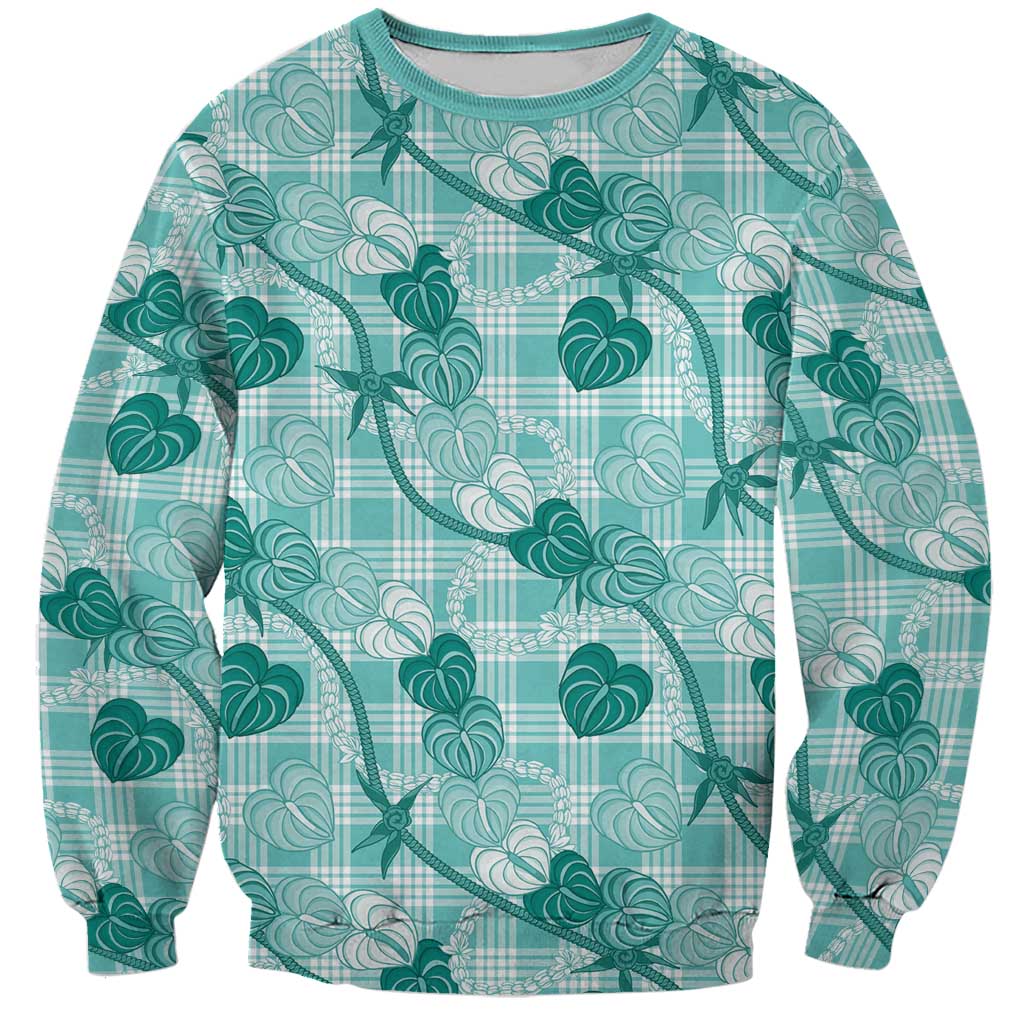 Anthurium Pikake Ti Leaf Palaka Sweatshirt Turquoise Version LT01 Unisex Turquoise - Polynesian Pride