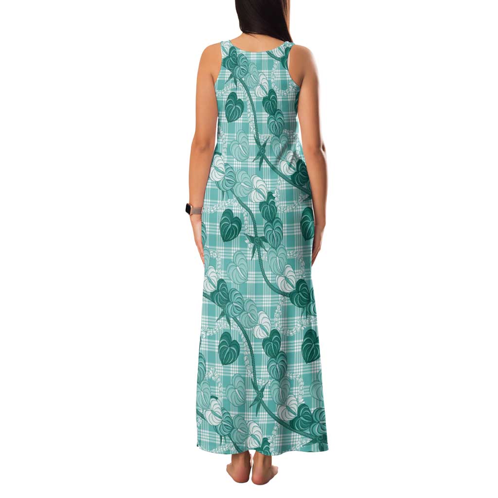 Anthurium Pikake Ti Leaf Palaka Tank Maxi Dress Turquoise Version LT01 - Polynesian Pride