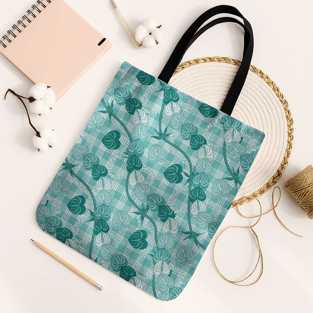 Anthurium Pikake Ti Leaf Palaka Tote Bag Turquoise Version LT01 Black Strap One Size Turquoise - Polynesian Pride