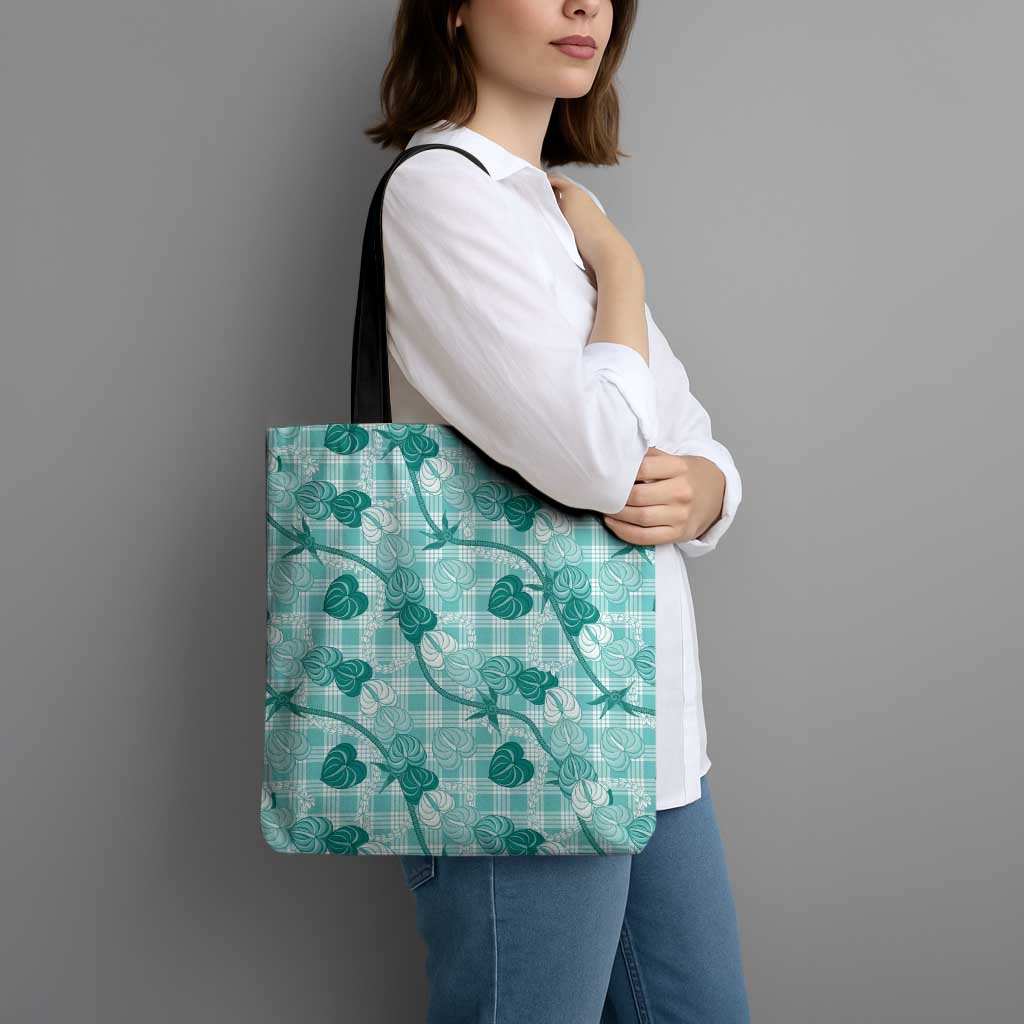 Anthurium Pikake Ti Leaf Palaka Tote Bag Turquoise Version LT01 - Polynesian Pride