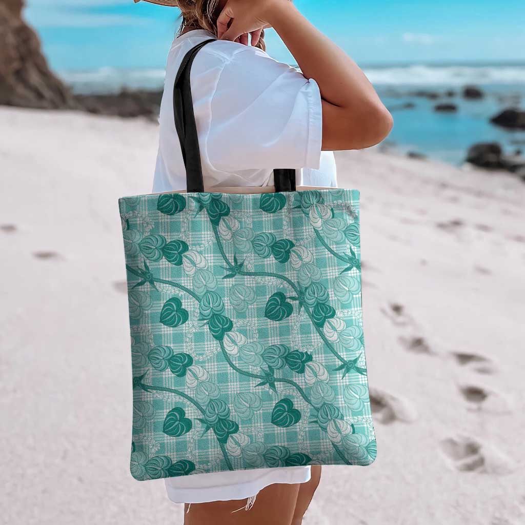 Anthurium Pikake Ti Leaf Palaka Tote Bag Turquoise Version LT01 - Polynesian Pride