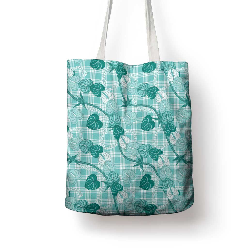 Anthurium Pikake Ti Leaf Palaka Tote Bag Turquoise Version LT01 - Polynesian Pride