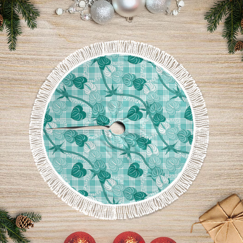 Anthurium Pikake Ti Leaf Palaka Tree Skirt Turquoise Version LT01 Fringed Turquoise - Polynesian Pride