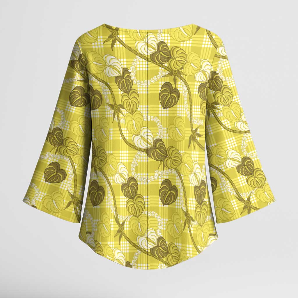 Anthurium Pikake Ti Leaf Palaka Kimono Sleeve Blouse Yellow Version LT01 - Polynesian Pride