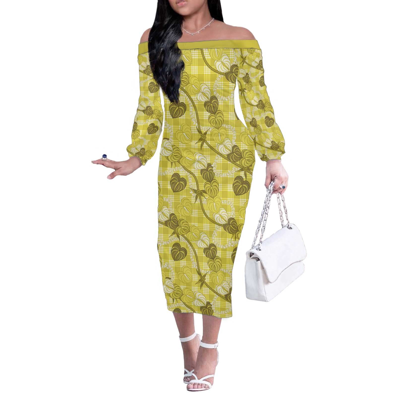 Anthurium Pikake Ti Leaf Palaka Off The Shoulder Long Sleeve Dress Yellow Version LT01 Women Yellow - Polynesian Pride