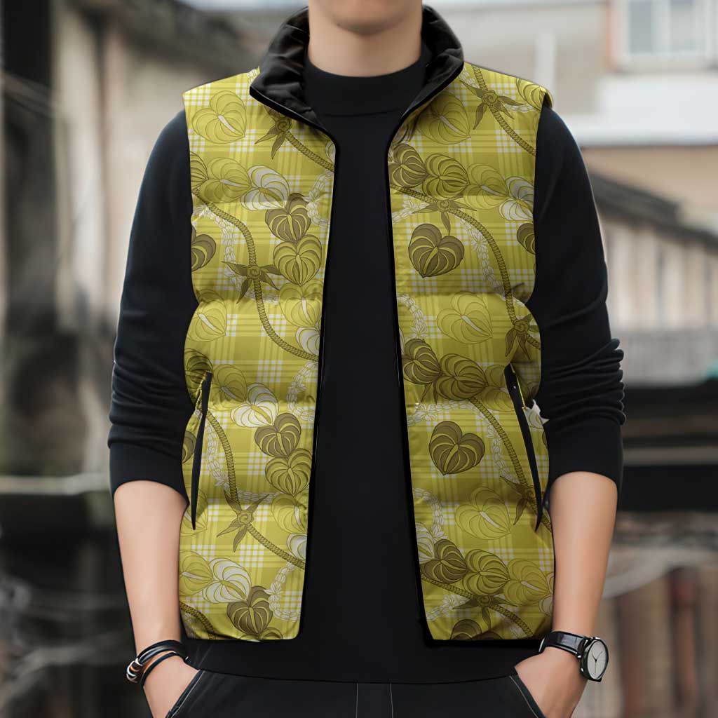 Anthurium Pikake Ti Leaf Palaka Sleeveless Puffer Jacket Yellow Version LT01 - Polynesian Pride