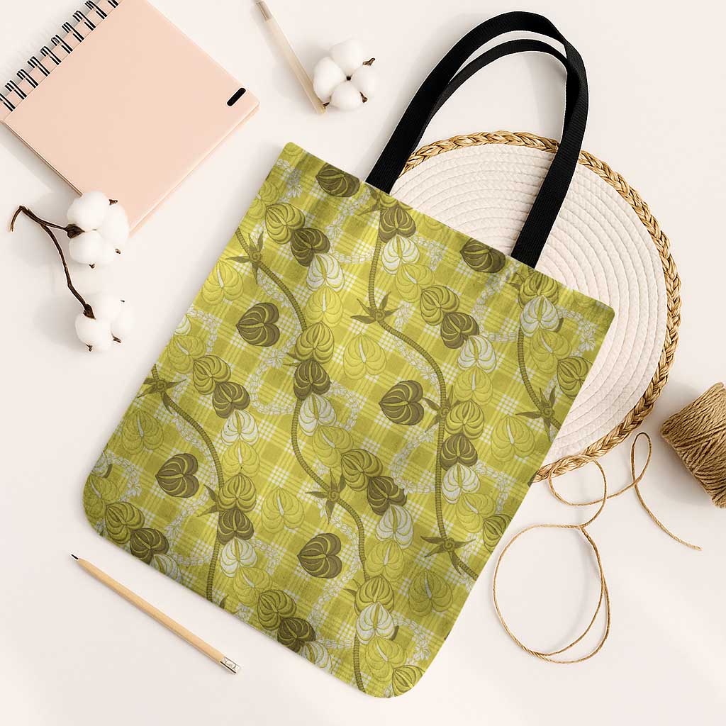 Anthurium Pikake Ti Leaf Palaka Tote Bag Yellow Version LT01 Black Strap One Size Yellow - Polynesian Pride