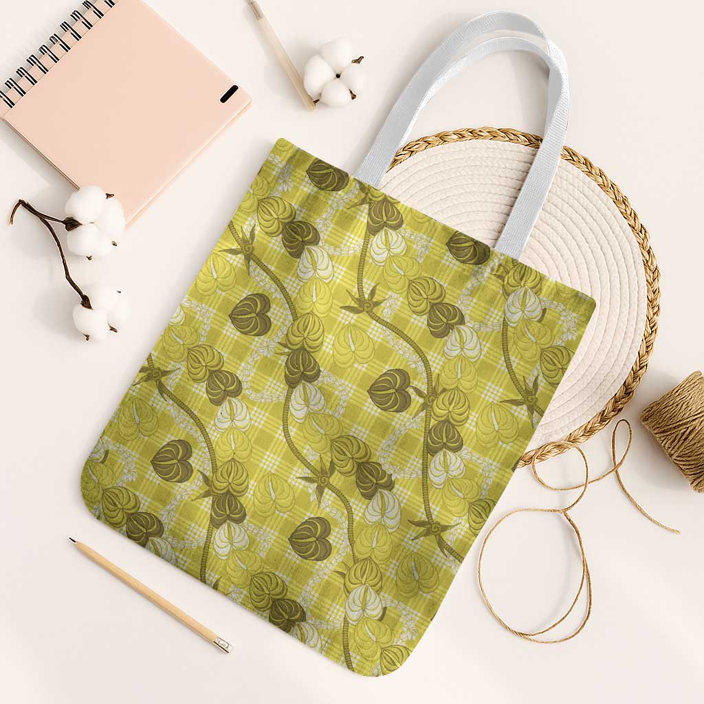 Anthurium Pikake Ti Leaf Palaka Tote Bag Yellow Version LT01 White Strap One Size Yellow - Polynesian Pride