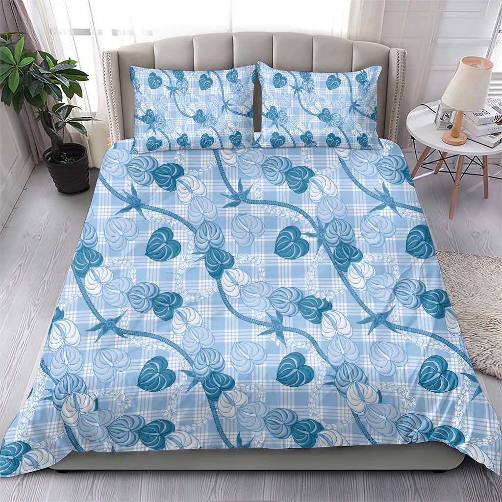 Anthurium Pikake Ti Leaf Palaka Bedding Set Blue Version LT01 - Polynesian Pride