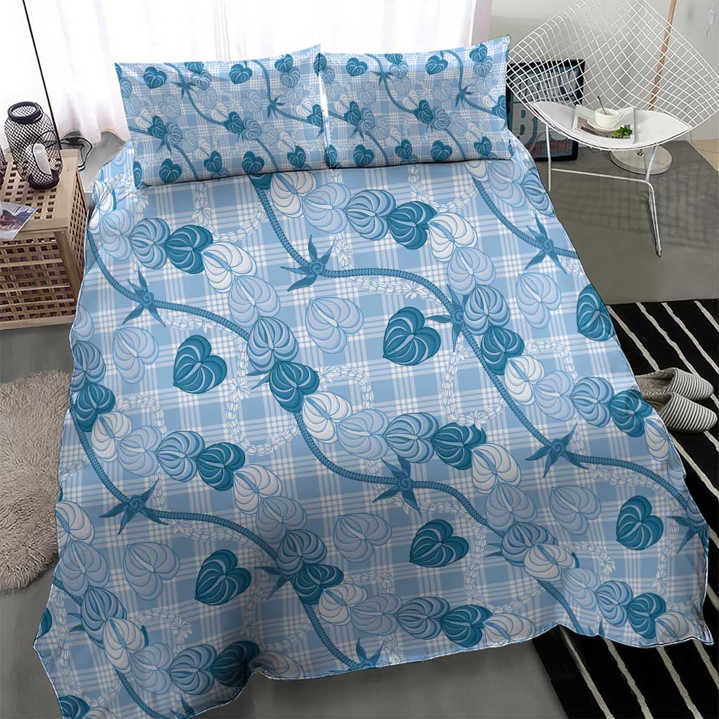 Anthurium Pikake Ti Leaf Palaka Bedding Set Blue Version LT01 - Polynesian Pride