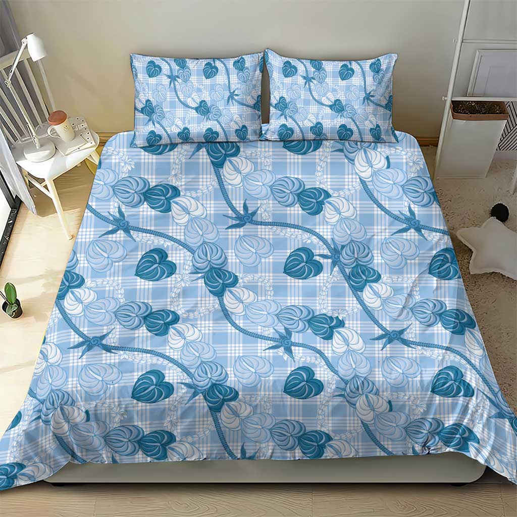 Anthurium Pikake Ti Leaf Palaka Bedding Set Blue Version LT01 - Polynesian Pride