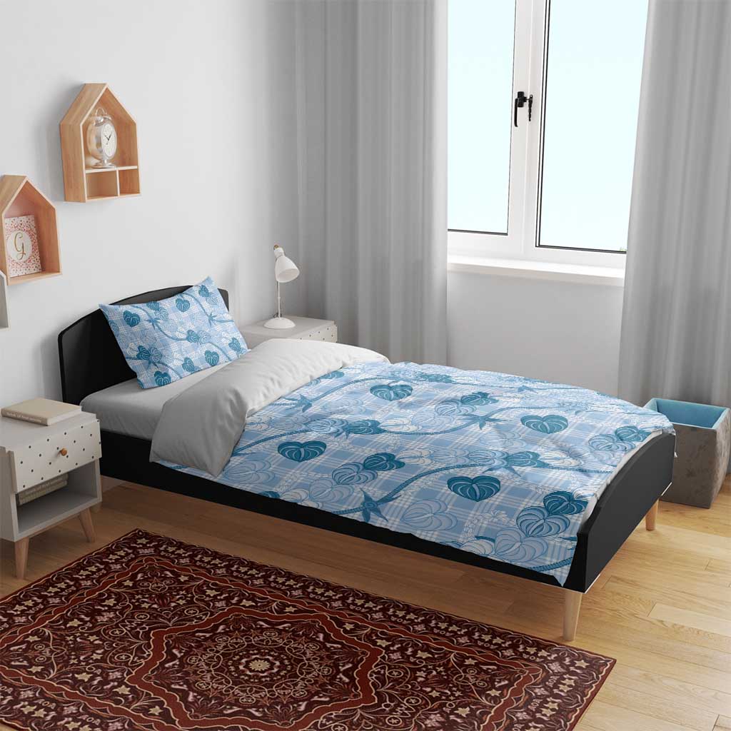 Anthurium Pikake Ti Leaf Palaka Bedding Set Blue Version LT01 - Polynesian Pride