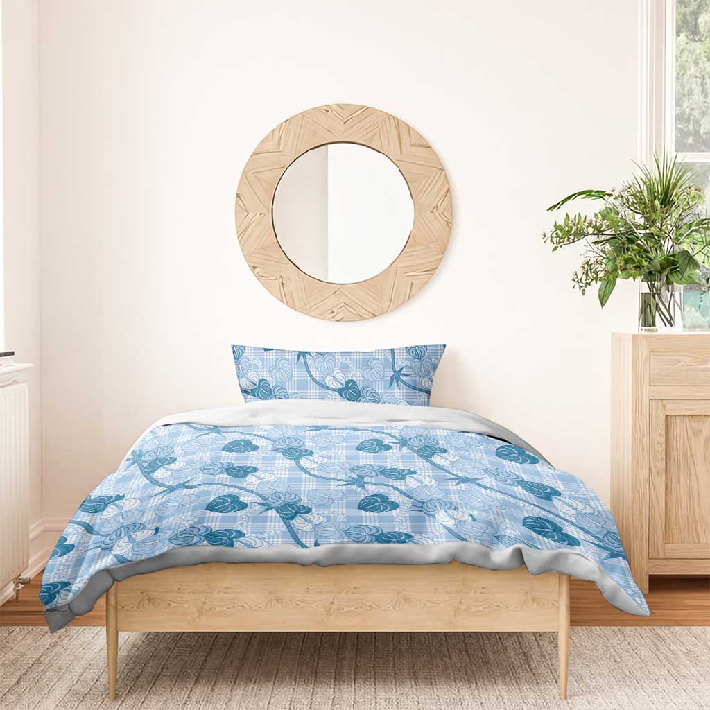 Anthurium Pikake Ti Leaf Palaka Bedding Set Blue Version LT01 - Polynesian Pride