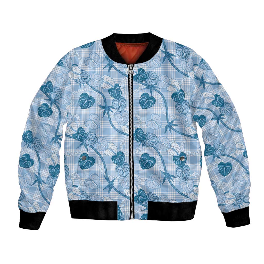 Anthurium Pikake Ti Leaf Palaka Bomber Jacket Blue Version LT01 Unisex Blue - Polynesian Pride