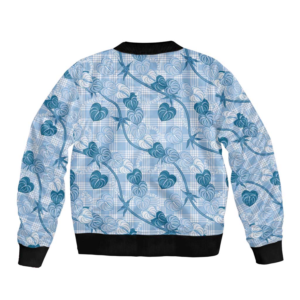 Anthurium Pikake Ti Leaf Palaka Bomber Jacket Blue Version LT01 - Polynesian Pride