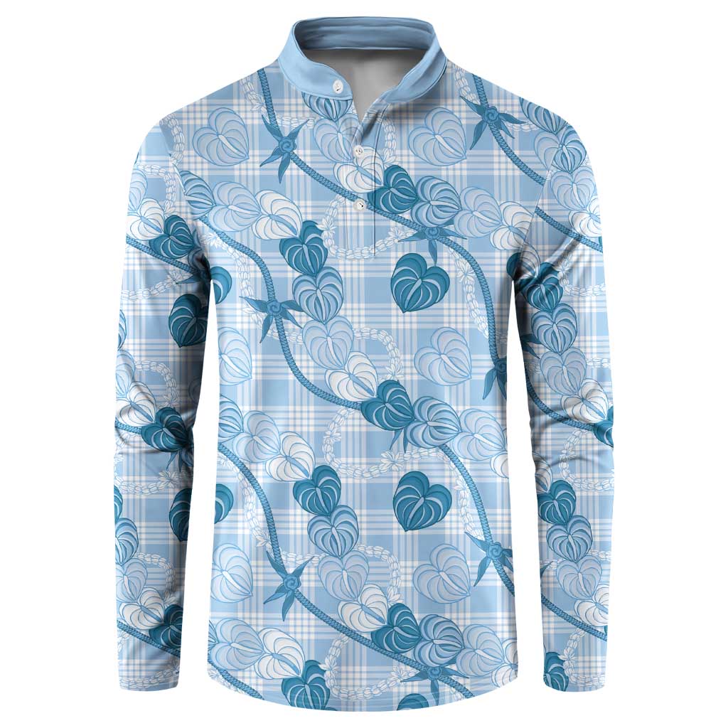 Anthurium Pikake Ti Leaf Palaka Button Sweatshirt Blue Version LT01 Blue - Polynesian Pride