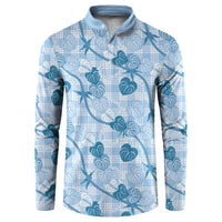 Anthurium Pikake Ti Leaf Palaka Button Sweatshirt Blue Version LT01 Blue - Polynesian Pride