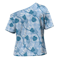 Anthurium Pikake Ti Leaf Palaka Cross Shoulder Shirt Blue Version LT01 - Polynesian Pride