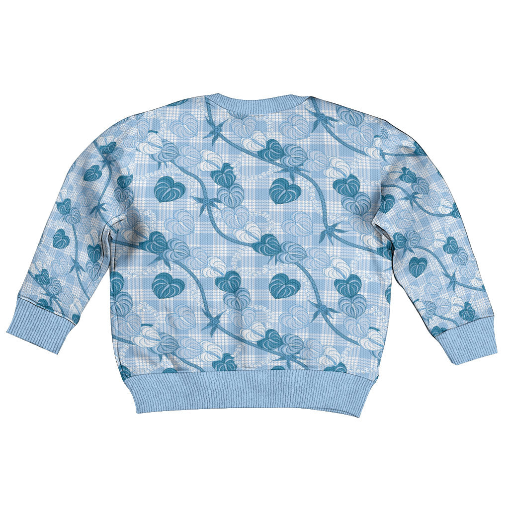 Anthurium Pikake Ti Leaf Palaka Kid Ugly Christmas Sweater Blue Version LT01 - Polynesian Pride